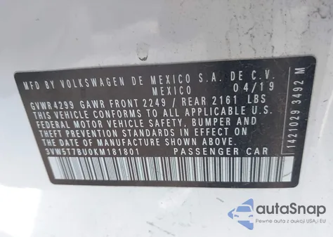 2019 Volkswagen Jetta Gli 2.0T 35Th Anniversary Edition/2.0T Autobahn/2.0T S из США, поврежденный, VIN 3VW5T7BU0KM181801